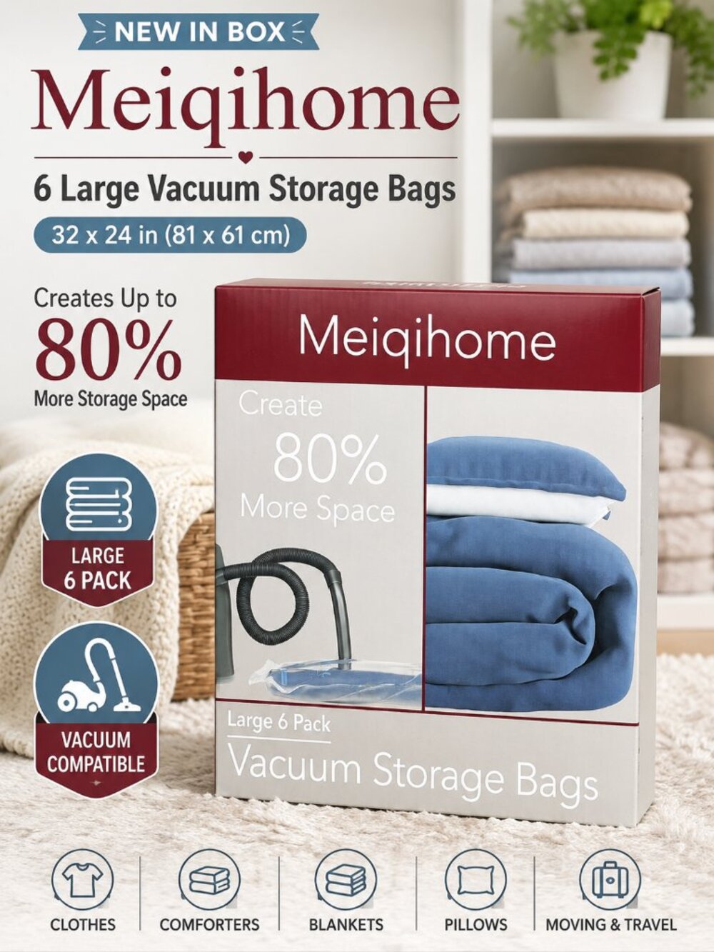 NWT Meiqihome Large Vacuum Storage Bags 6 Pack 32x24 Space Saver Organizer